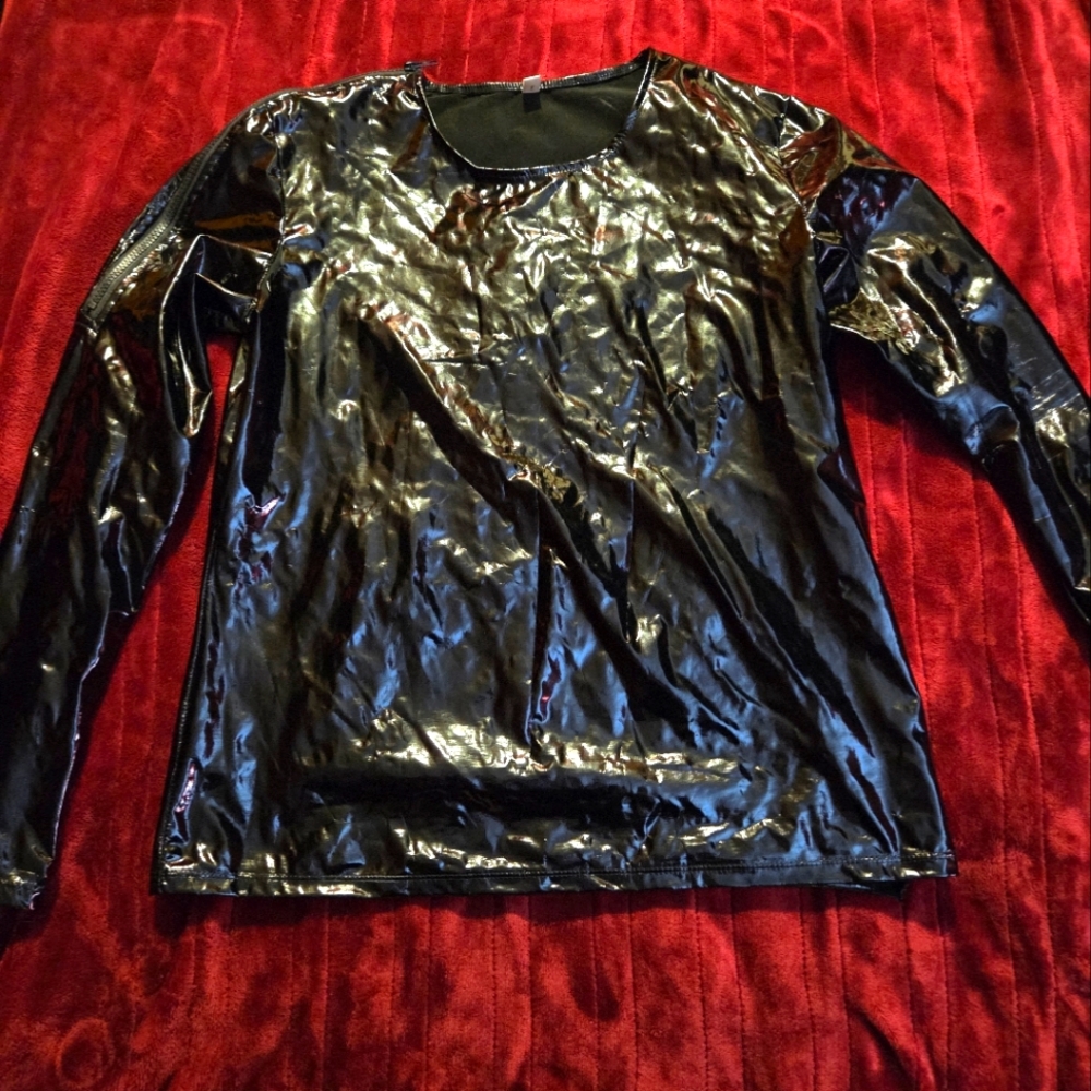 Shiny Black Pvc Vinyl Long Sleeve Top - Size  L